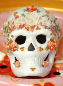 Painted Skull decorated with Ribbon Roses